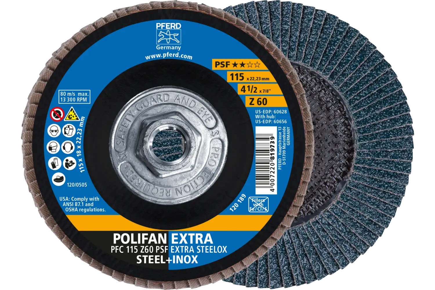 Picture of Pferd Flap Disc, 4-1/2" x 5/8-11, Z PSF Extra Steelox, 60 Grit, T29, Conical, Zirconia